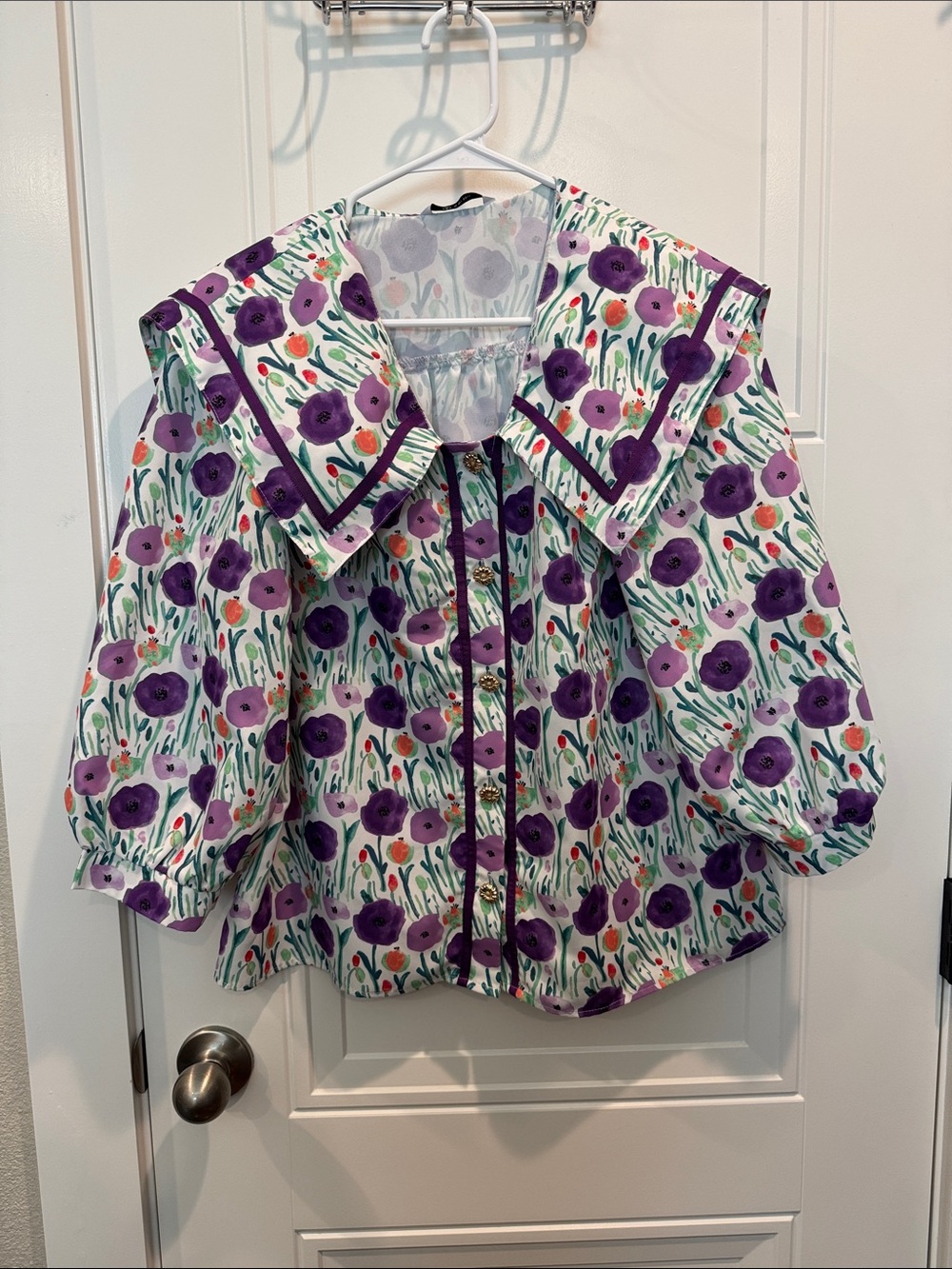 Purple Floral Button-Down Blouse with Statement Collar